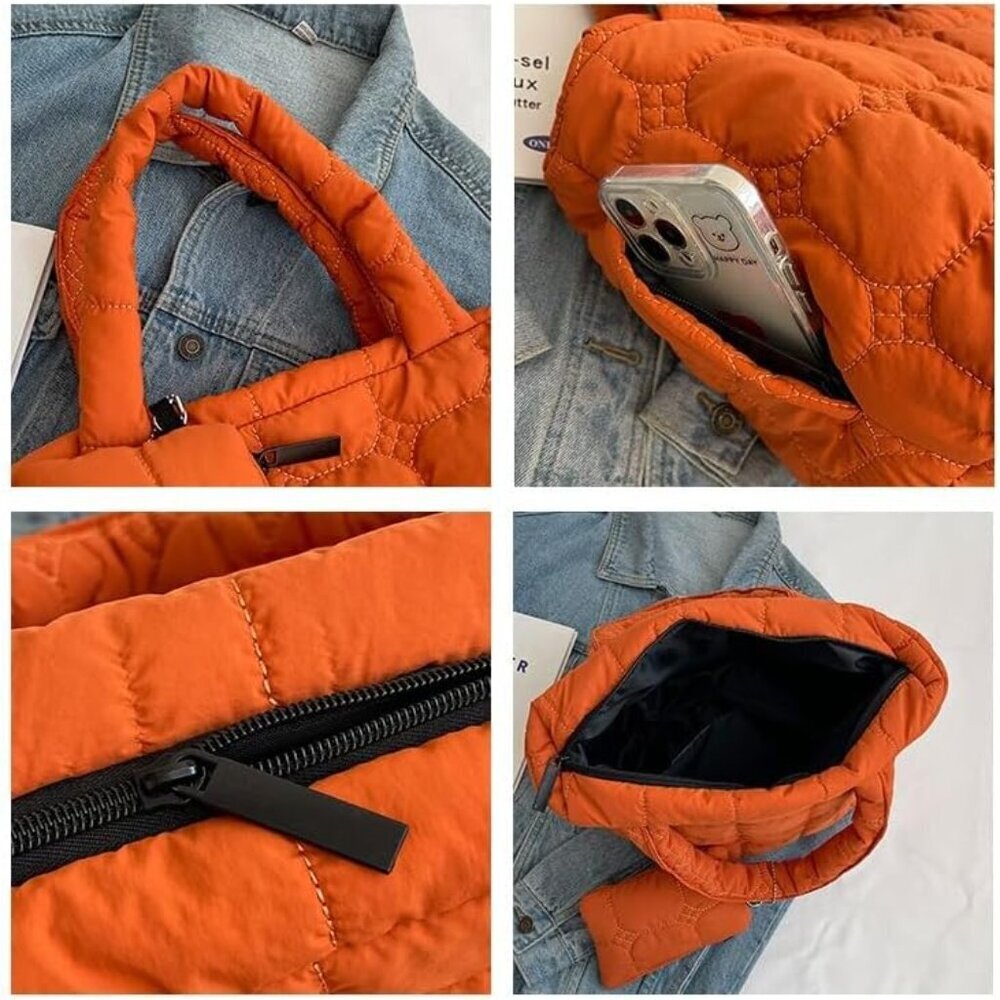 Women’s Quilted Nylon Tote Small Puffer Handbag with Wallet Multi-Use - Picture 6 of 7